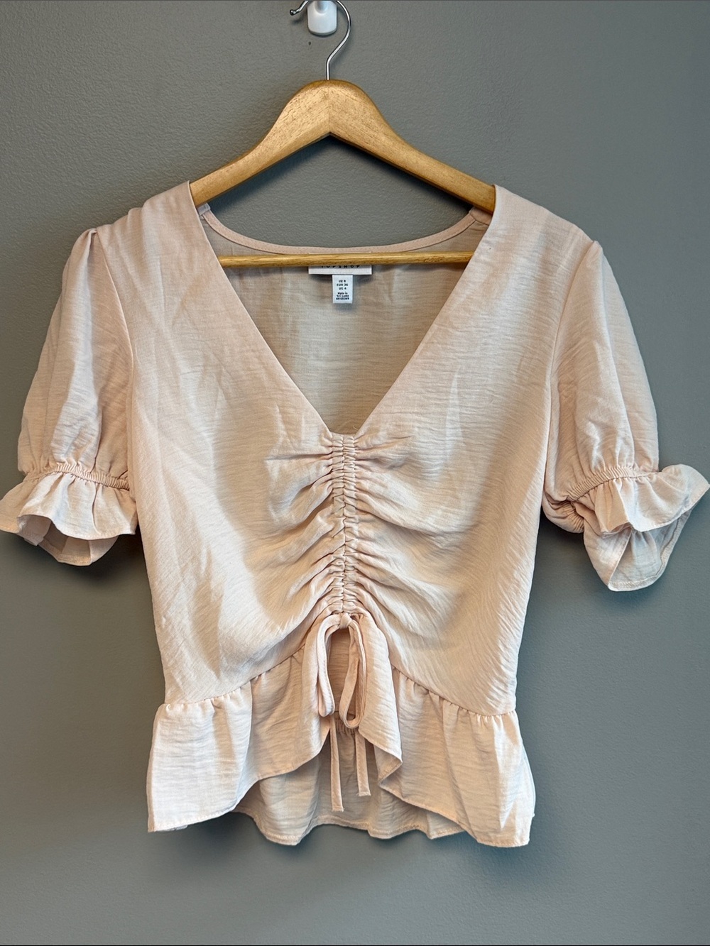 Topshop Ruched Blouse Women’s US 4 Beige Puff Sleeve Tie Front